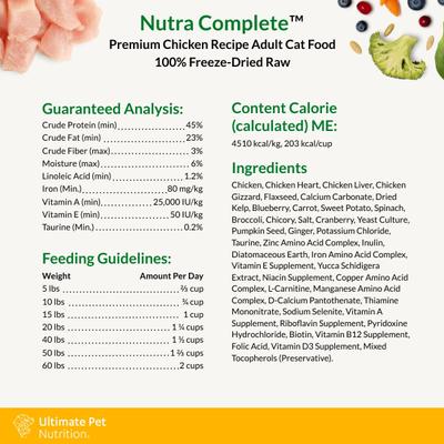 Show full view: Ultimate Pet Nutrition Nutra Complete Chicken Freeze-Dried Grain-Free Cat Food, 12-oz bag slide 6 of 6