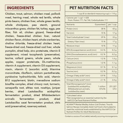 Show full view: ACANA Market Medley Chicken, Trout & Salmon Recipe with Freeze-Dried Morsels Made with Chicken & Cranberry Grain-Free Indoor Adult Dry Cat Food, 3.5-lb bag slide 9 of 10