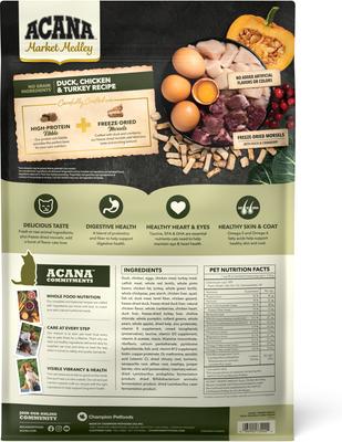 Show full view: ACANA Market Medley Duck, Chicken & Turkey Recipe with Freeze-Dried Morsels Made with Duck & Cranberry Grain-Free Dry Cat Food, 9-lb bag slide 3 of 10