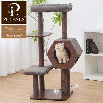 Show full view: Petpals Wagon 2.0 5-Level Mid-Century Modern 37-in Polyester Cat Tree with Hexagon Condo, Recycled Scratchers, Washable Bed & Toy, Brown, Large slide 2 of 8