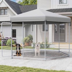 Yitahome Dual-Door Design Playpen Outdoor Dog Kennel with UV Resistant Roof & Lock Pen House, Silver, 9.8 x 8.2-ft