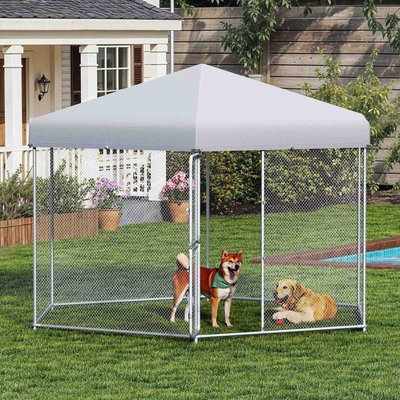 Yitahome Yitahome Dual-Door Design Playpen Outdoor Dog Kennel with UV Resistant Roof & Lock Pen House, Silver, 13 x 11-ft