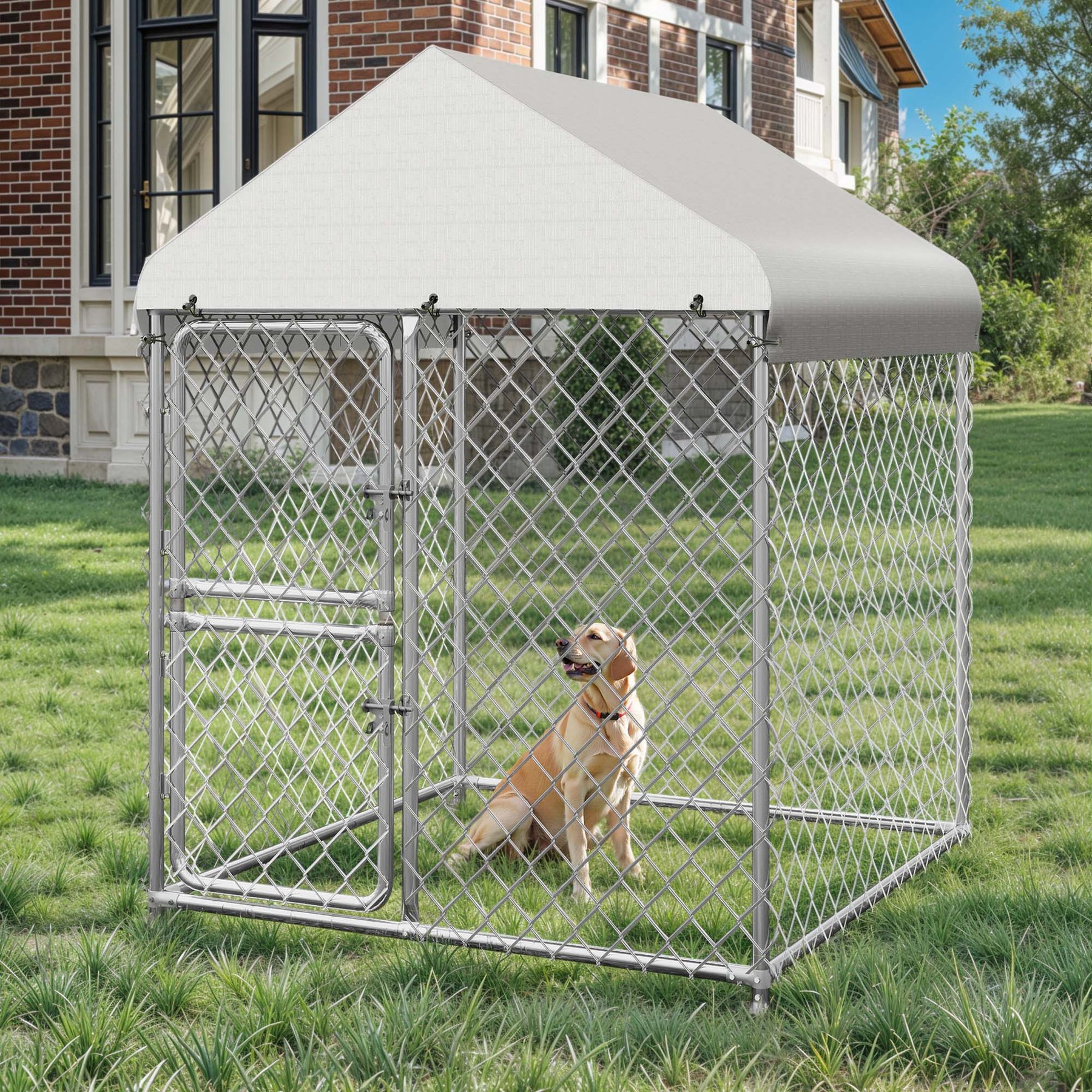 Yitahome Dual-Door Design Playpen Outdoor Dog Kennel with UV Resistant Roof & Lock Pen House, Silver, 4 x 5.4-ft