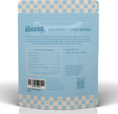 Show full view: THE LICKER STORE Gluten & Grain-Free Omega-3 Single Ingredient Crunchy Dried Cod Skin Dehydrated Dog Treats, 3-oz bag slide 3 of 6