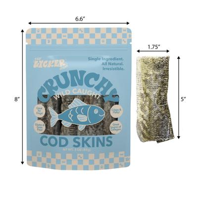 Show full view: THE LICKER STORE Gluten & Grain-Free Omega-3 Single Ingredient Crunchy Dried Cod Skin Dehydrated Dog Treats, 3-oz bag slide 5 of 6