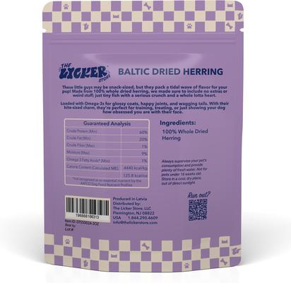Show full view: THE LICKER STORE Gluten & Grain-Free Omega-3 Single Ingredient Crunchy Dried Baltic Herring Dog & Cat Treats, 3-oz bag slide 3 of 6