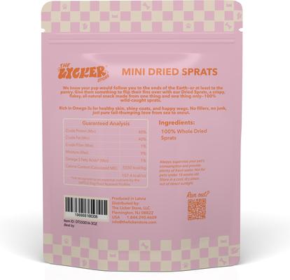Show full view: THE LICKER STORE Gluten & Grain-Free Omega-3 Single Ingredient Crunchy Dried Baltic Sprats Dog & Cat Treats, 3-oz bag slide 3 of 6