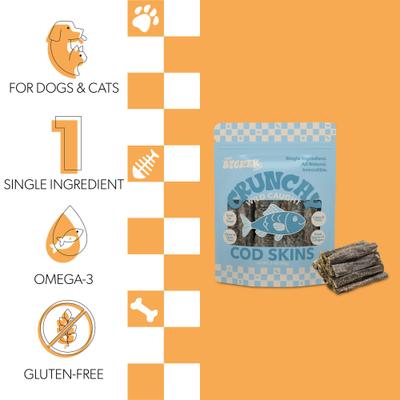 Show full view: THE LICKER STORE Gluten & Grain-Free Omega-3 Single Ingredient Crunchy Dried Cod Skin Dehydrated Dog Treats, 3-oz bag slide 4 of 6