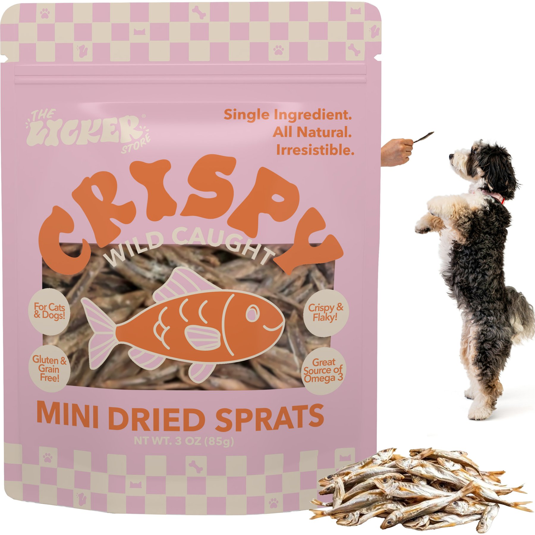 THE LICKER STORE Grain-Free Omega-3 Single Ingredient Crunchy Dried Baltic Sprats Gluten-Free Seafood Dehydrated Dog & Cat Treats, 3-oz bag