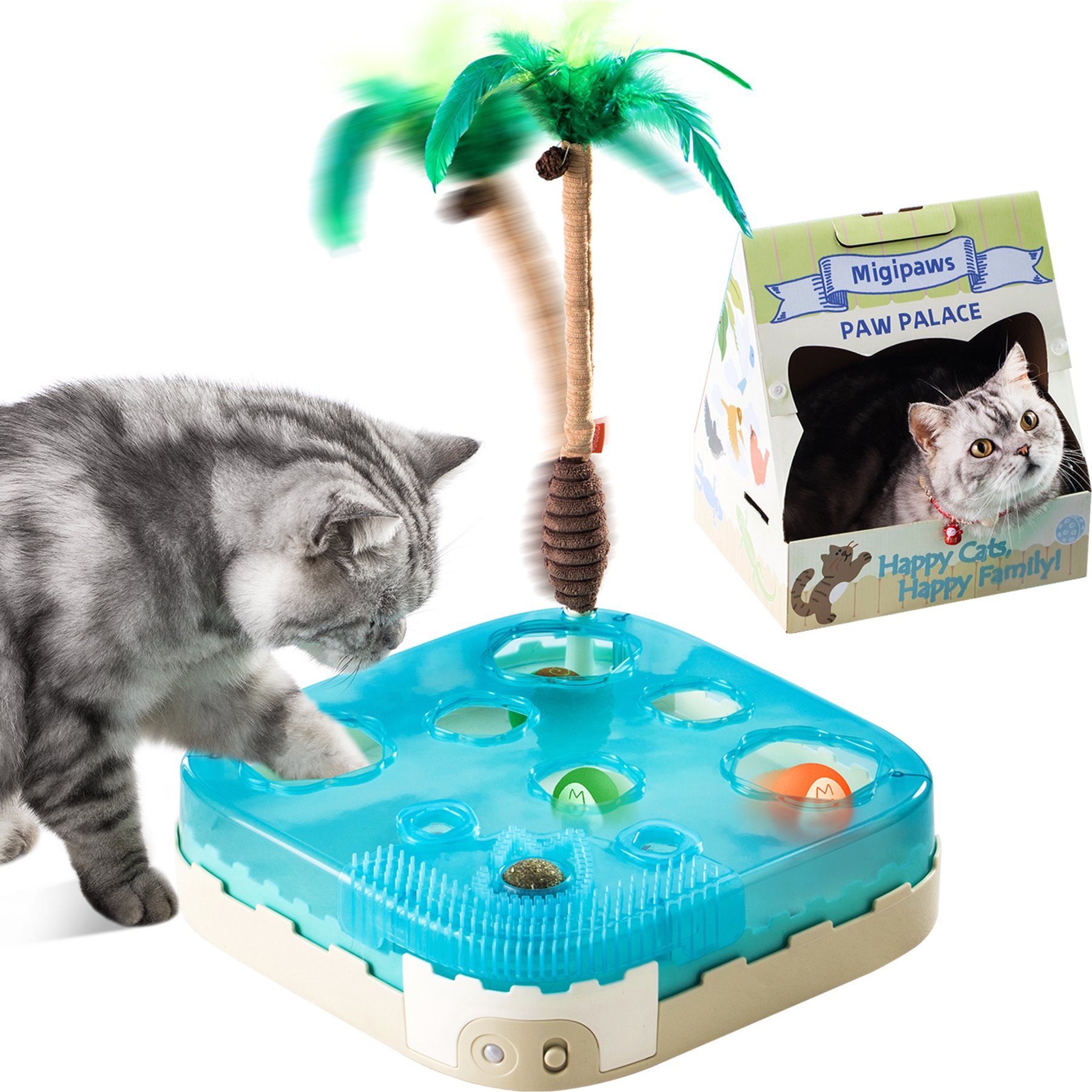 Migipaws 7-in-1 Paw Palace Rechargeable Automatic Interactive Catnip Feather Silvervine Cat Toy, Blue