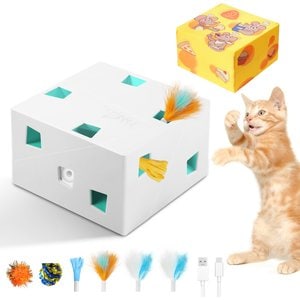 Migipaws 3-in-1 Rechargeable Migibox Plus Hide & Seek Automatic Motion Interactive Electronic Feather Cat Toy, White