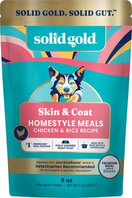 Show full view: Solid Gold Homestyle Meal Skin & Coat Support Chicken + Gut Health Beef Dog Food Topper, 9-oz pouches, case of 2 slide 2 of 9