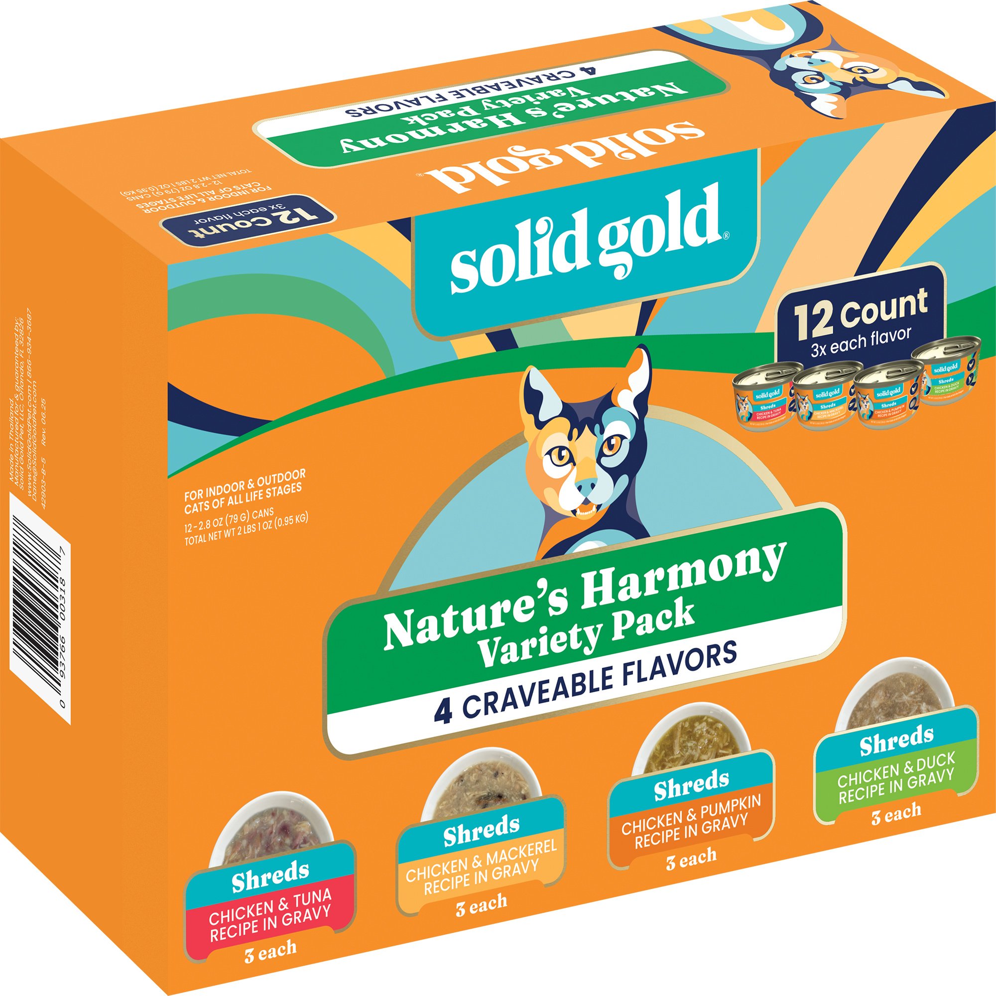 Questions and Answers about SOLID GOLD Nature's Harmony Variety Pack  Grain-Free Shreds in Gravy Wet Cat Food, 3-oz can, case of 12