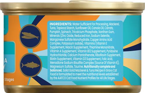 Show full view: Solid Gold Five Oceans Mackerel & Tuna Grain-Free Shreds in Gravy Wet Cat Food, 3-oz can, case of 3 slide 5 of 12