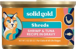 Solid Gold Five Oceans Shrimp & Tuna Grain-Free Shreds in Gravy Wet Cat Food, 3-oz, case of 12