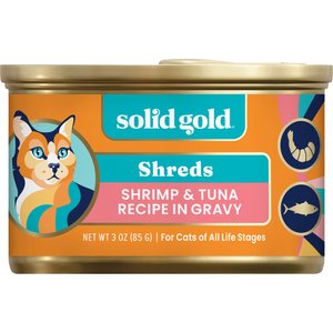Solid Gold Five Oceans Shrimp & Tuna Grain-Free Shreds in Gravy Wet Cat Food, 3-oz, case of 12