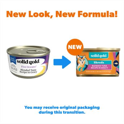 Show full view: Solid Gold Five Oceans Shreds with Real Tuna Recipe in Gravy Grain-Free Canned Cat Food, 6-oz, case of 8 slide 3 of 12