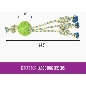 Gnawsome Ball & Rope Triple Rope Dog Toy, Green, Blue & Yellow