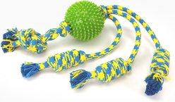 Gnawsome Ball & Rope Triple Rope Dog Toy, Green, Blue & Yellow