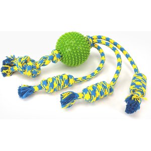 Gnawsome Ball & Rope Triple Rope Dog Toy, Green, Blue & Yellow