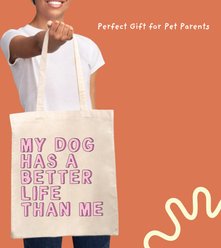 Sweet Paws x Five Dot Post My Dog Has a Better Life Than Me Tote Bag, Tan / Dark Pink / Light Pink slide 2 of 9