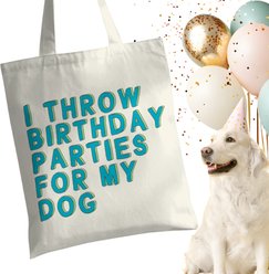 Sweet Paws x Five Dot Post I Throw Birthday Parties for My Dog Tote Bag, Tan / Green / Blue