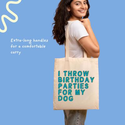 Show full view: Sweet Paws x Five Dot Post I Throw Birthday Parties for My Dog Tote Bag, Tan / Green / Blue slide 4 of 10