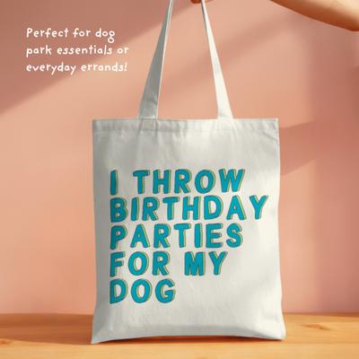 Show full view: Sweet Paws x Five Dot Post I Throw Birthday Parties for My Dog Tote Bag, Tan / Green / Blue slide 3 of 10