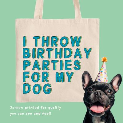 Show full view: Sweet Paws x Five Dot Post I Throw Birthday Parties for My Dog Tote Bag, Tan / Green / Blue slide 6 of 10
