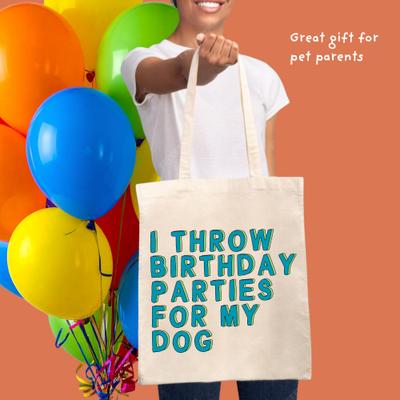 Show full view: Sweet Paws x Five Dot Post I Throw Birthday Parties for My Dog Tote Bag, Tan / Green / Blue slide 8 of 10