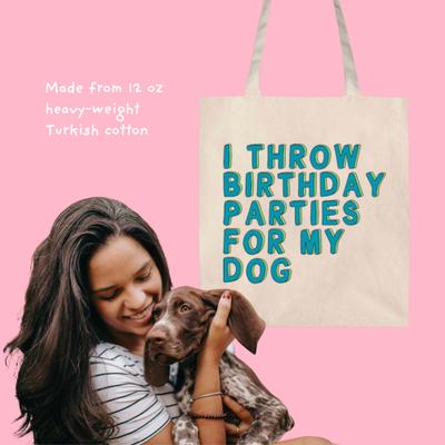 Show full view: Sweet Paws x Five Dot Post I Throw Birthday Parties for My Dog Tote Bag, Tan / Green / Blue slide 7 of 10