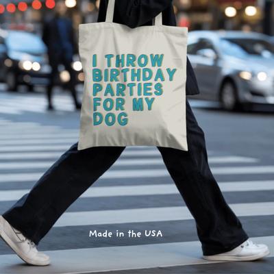 Show full view: Sweet Paws x Five Dot Post I Throw Birthday Parties for My Dog Tote Bag, Tan / Green / Blue slide 5 of 10