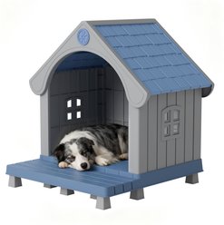 KAMABOKO Strong Plastic Frame Outdoor Dog House with Porch & Two Grid Windows, Blue
