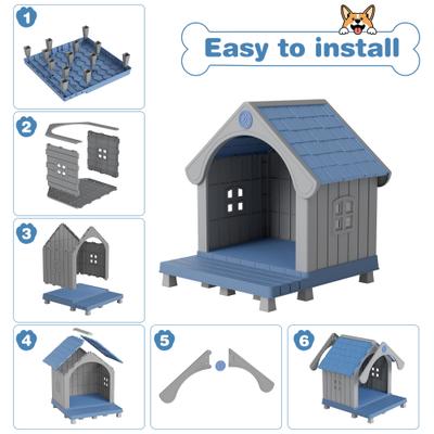 Show full view: KAMABOKO Strong Plastic Frame Outdoor Dog House with Porch & Two Grid Windows, Blue slide 8 of 8