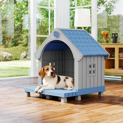 Show full view: KAMABOKO Strong Plastic Frame Outdoor Dog House with Porch & Two Grid Windows, Blue slide 6 of 8