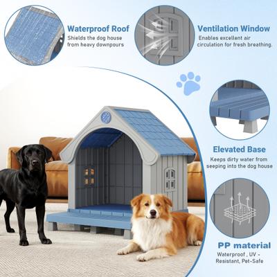 Show full view: KAMABOKO Strong Plastic Frame Outdoor Dog House with Porch & Two Grid Windows, Blue slide 5 of 8