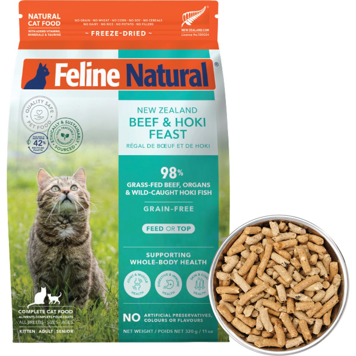 Feline Natural New Zealand Beef & Hoki Feast Grain-Free Freeze-Dried Cat Food, 11-oz bag