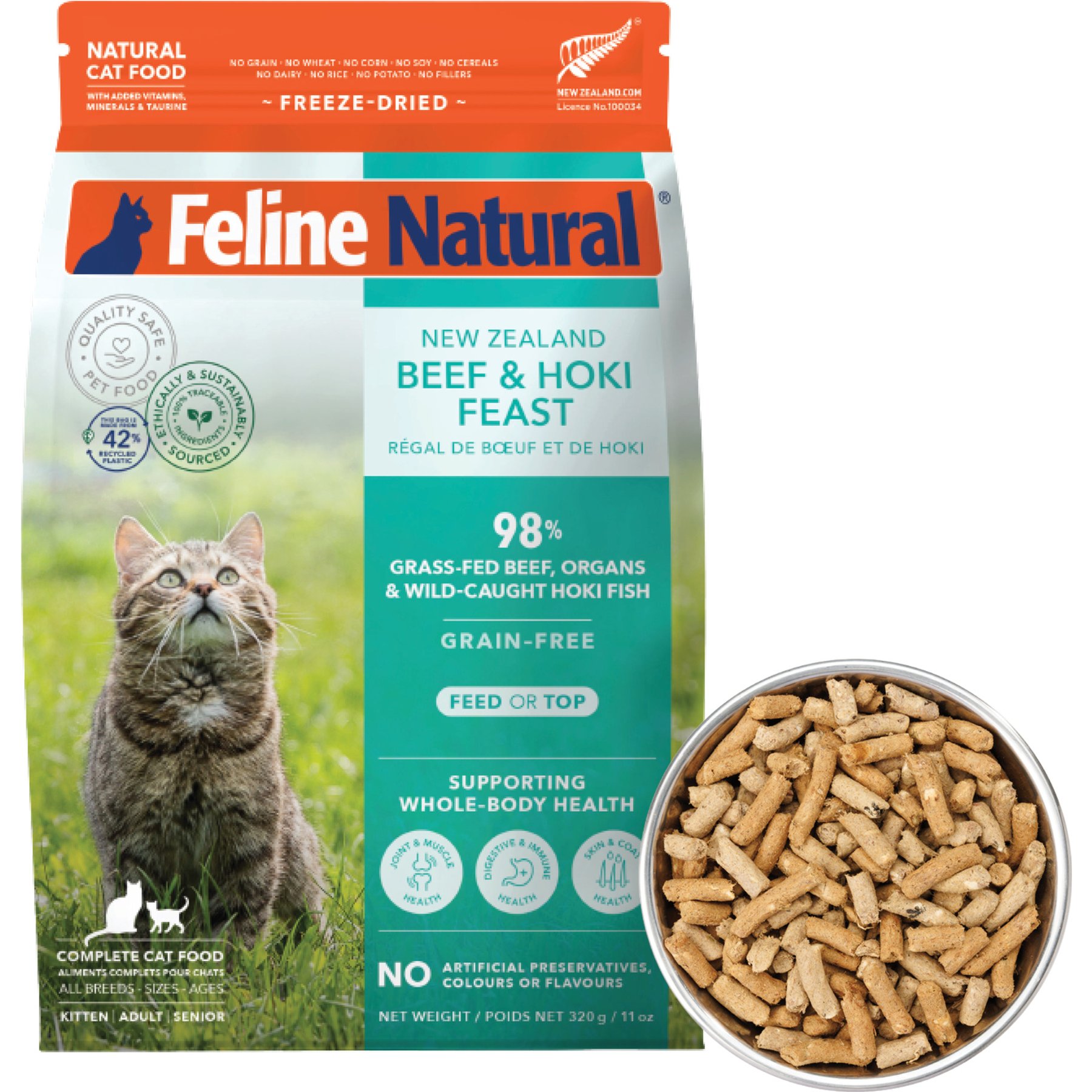 Feline Natural New Zealand Beef & Hoki Feast Grain-Free Freeze-Dried Cat Food, 11-oz bag