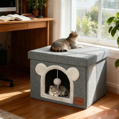 Show full view: Heeyoo Polyester Indoor Bed Cave Cat House with Lid, Fluffy Ball & Scratch Pad, Light Grey slide 6 of 8