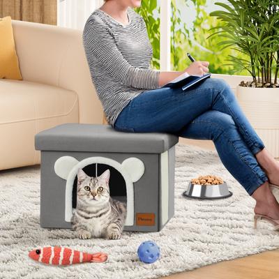 Show full view: Heeyoo Polyester Indoor Bed Cave Cat House with Lid, Fluffy Ball & Scratch Pad, Light Grey slide 5 of 8