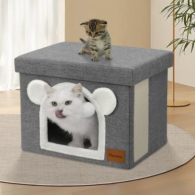 Show full view: Heeyoo Polyester Indoor Bed Cave Cat House with Lid, Fluffy Ball & Scratch Pad, Light Grey slide 7 of 8
