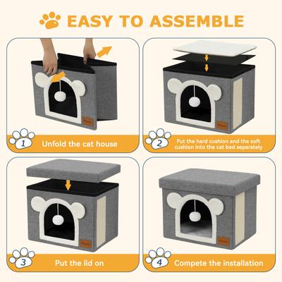 Show full view: Heeyoo Polyester Indoor Bed Cave Cat House with Lid, Fluffy Ball & Scratch Pad, Light Grey slide 8 of 8