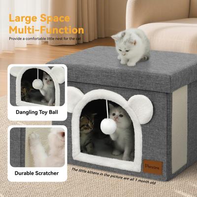 Show full view: Heeyoo Polyester Indoor Bed Cave Cat House with Lid, Fluffy Ball & Scratch Pad, Light Grey slide 2 of 8