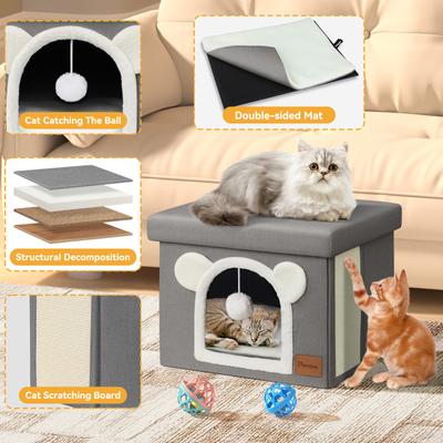 Show full view: Heeyoo Polyester Indoor Bed Cave Cat House with Lid, Fluffy Ball & Scratch Pad, Light Grey slide 4 of 8