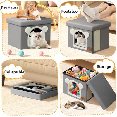Show full view: Heeyoo Polyester Indoor Bed Cave Cat House with Lid, Fluffy Ball & Scratch Pad, Light Grey slide 3 of 8