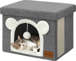 Heeyoo Polyester Indoor Bed Cave Cat House with Lid, Fluffy Ball & Scratch Pad, Light Grey