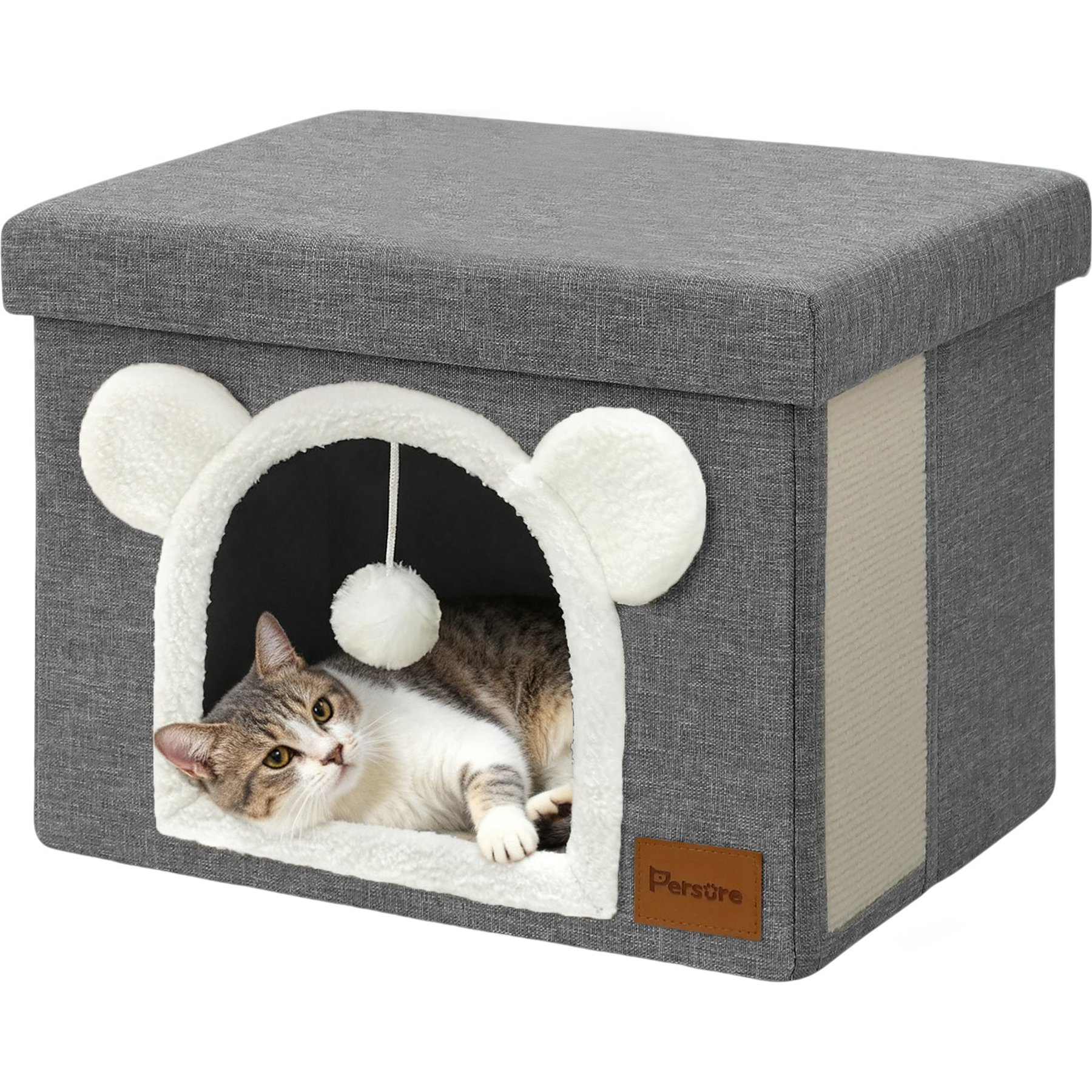 Heeyoo Polyester Indoor Bed Cave Cat House with Lid, Fluffy Ball & Scratch Pad, Light Grey