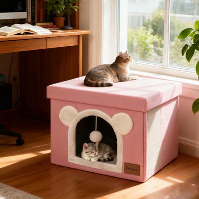Show full view: Heeyoo Polyester Indoor Bed Cave Cat House with Lid, Fluffy Ball & Scratch Pad, Pink slide 6 of 8