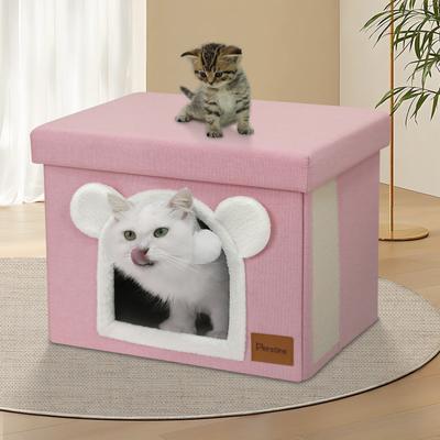 Show full view: Heeyoo Polyester Indoor Bed Cave Cat House with Lid, Fluffy Ball & Scratch Pad, Pink slide 7 of 8