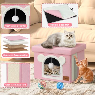 Show full view: Heeyoo Polyester Indoor Bed Cave Cat House with Lid, Fluffy Ball & Scratch Pad, Pink slide 2 of 8